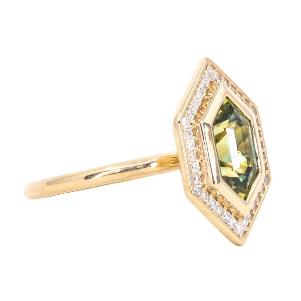 1.87ct Elongated Hexagon Geo Parti Sapphire Bezel Set Diamond Halo in 18k Yellow Gold