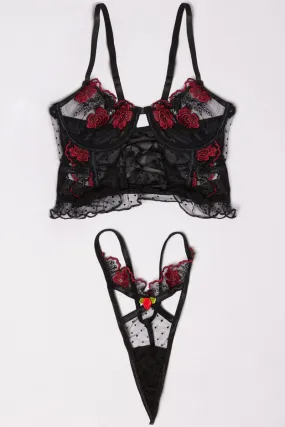 Black Floral Embroidery Lingerie Set