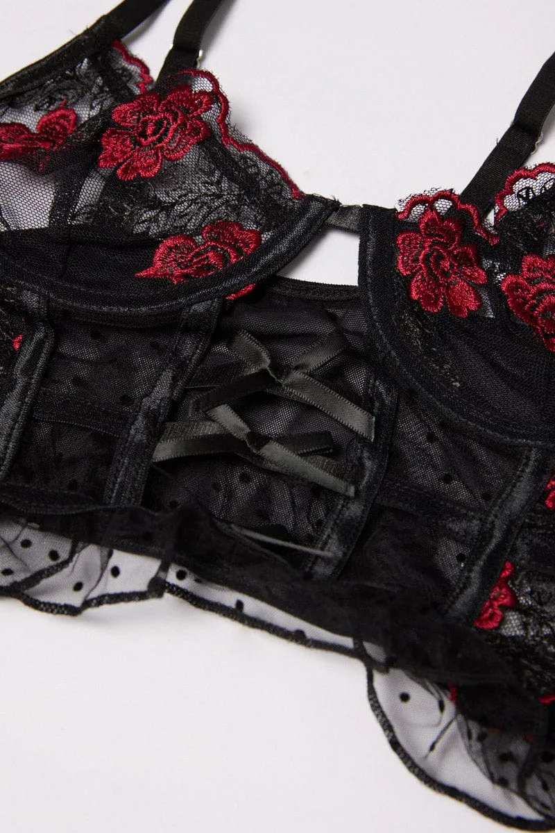 Black Floral Embroidery Lingerie Set