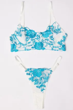 Blue Floral Embroidery Lingerie Set