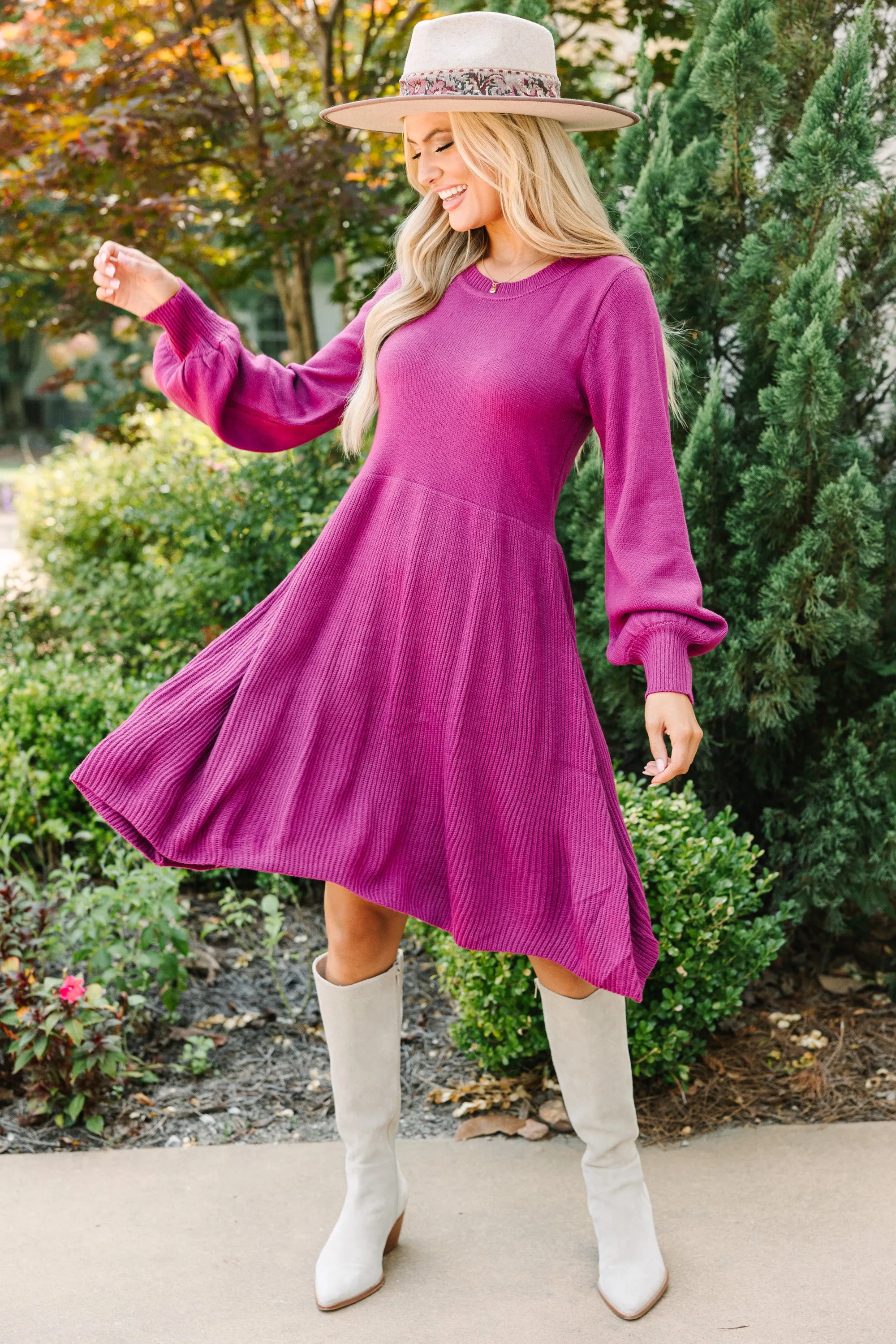 Catch Yourself Plum Purple Bubble Sleeve Sweater Dress