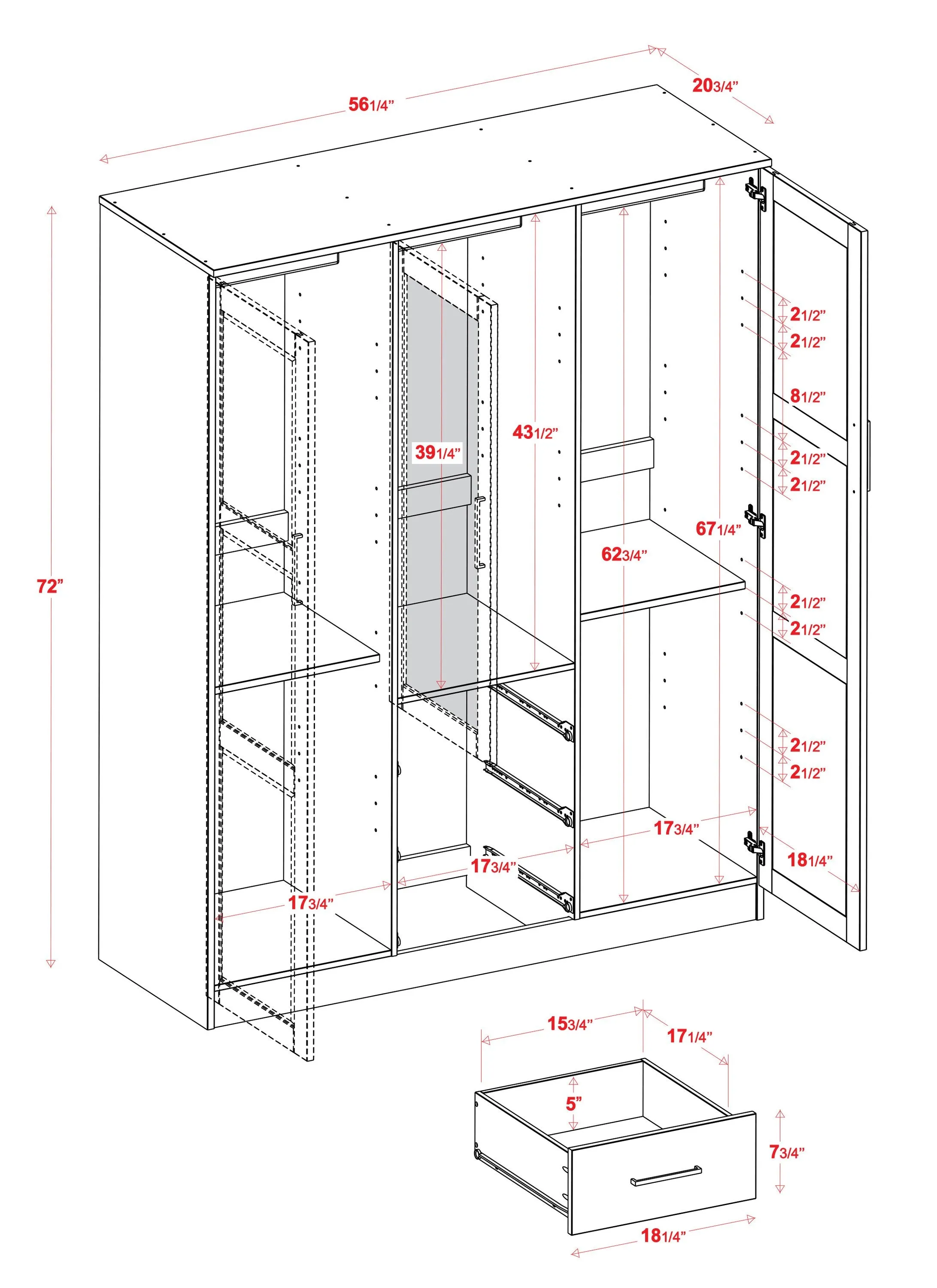 Chandewadi Gray 3 Raised Panel Door Wardrobe With 10 Shelves