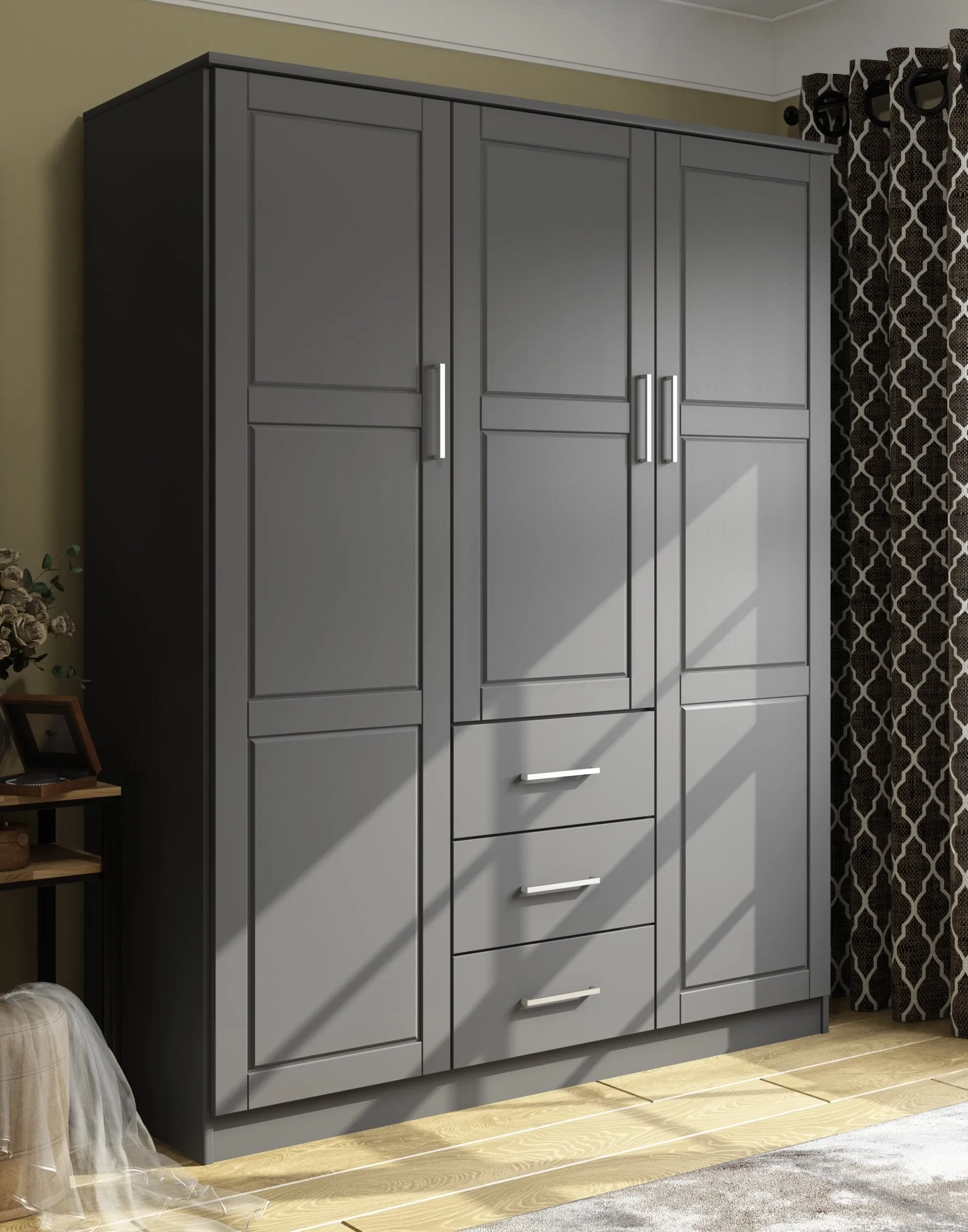 Chandewadi Gray 3 Raised Panel Door Wardrobe With 10 Shelves