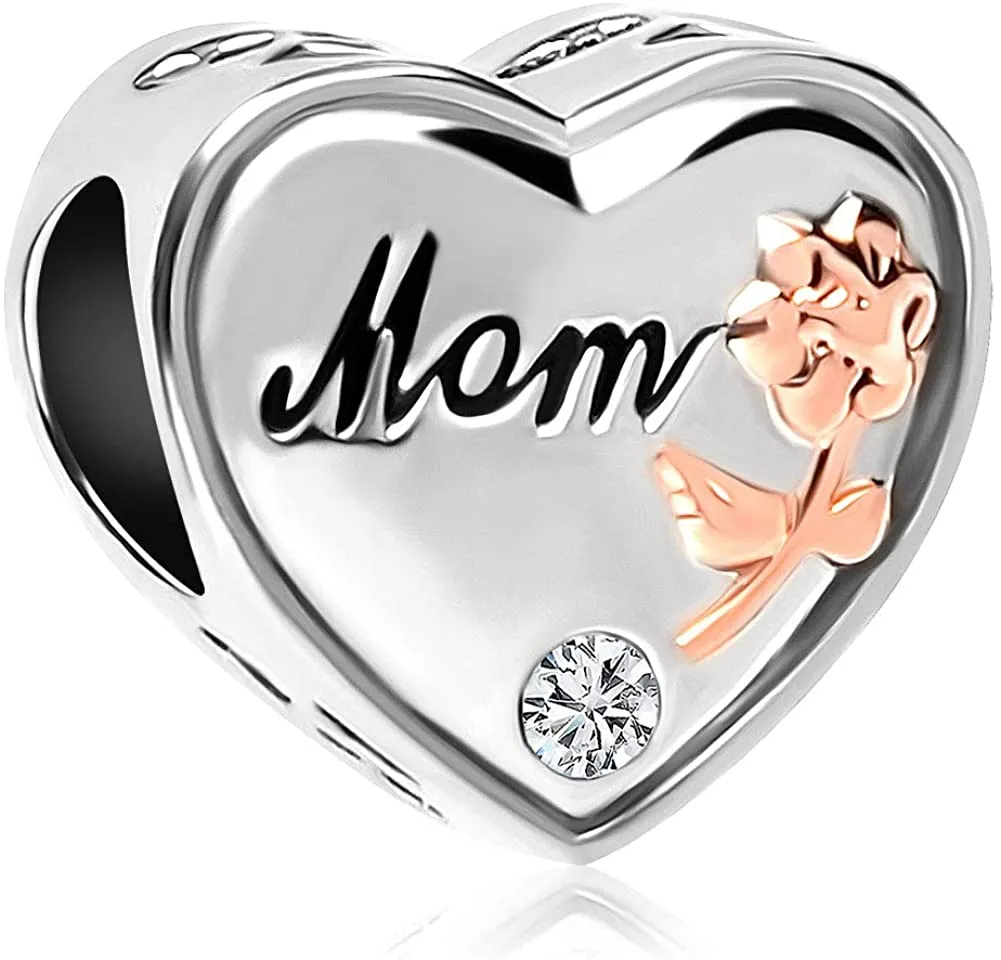 Charmsstory Mom Mother Daughter Heart Love Dangle Charm Beads for Snake Chain Bracelet