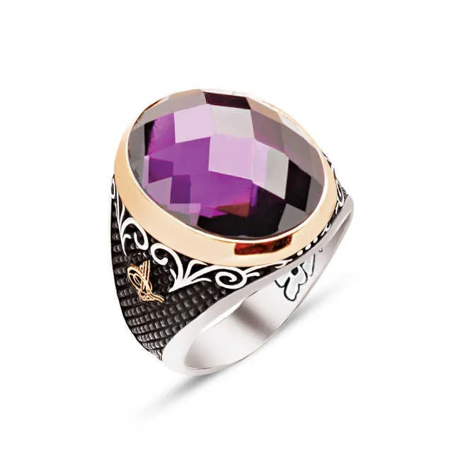 Facet Cut Amethyst Stone Ellipse Silver Men’s Ring Siding Bush Pattern and Dimond Pattern and Ottoman Tughra