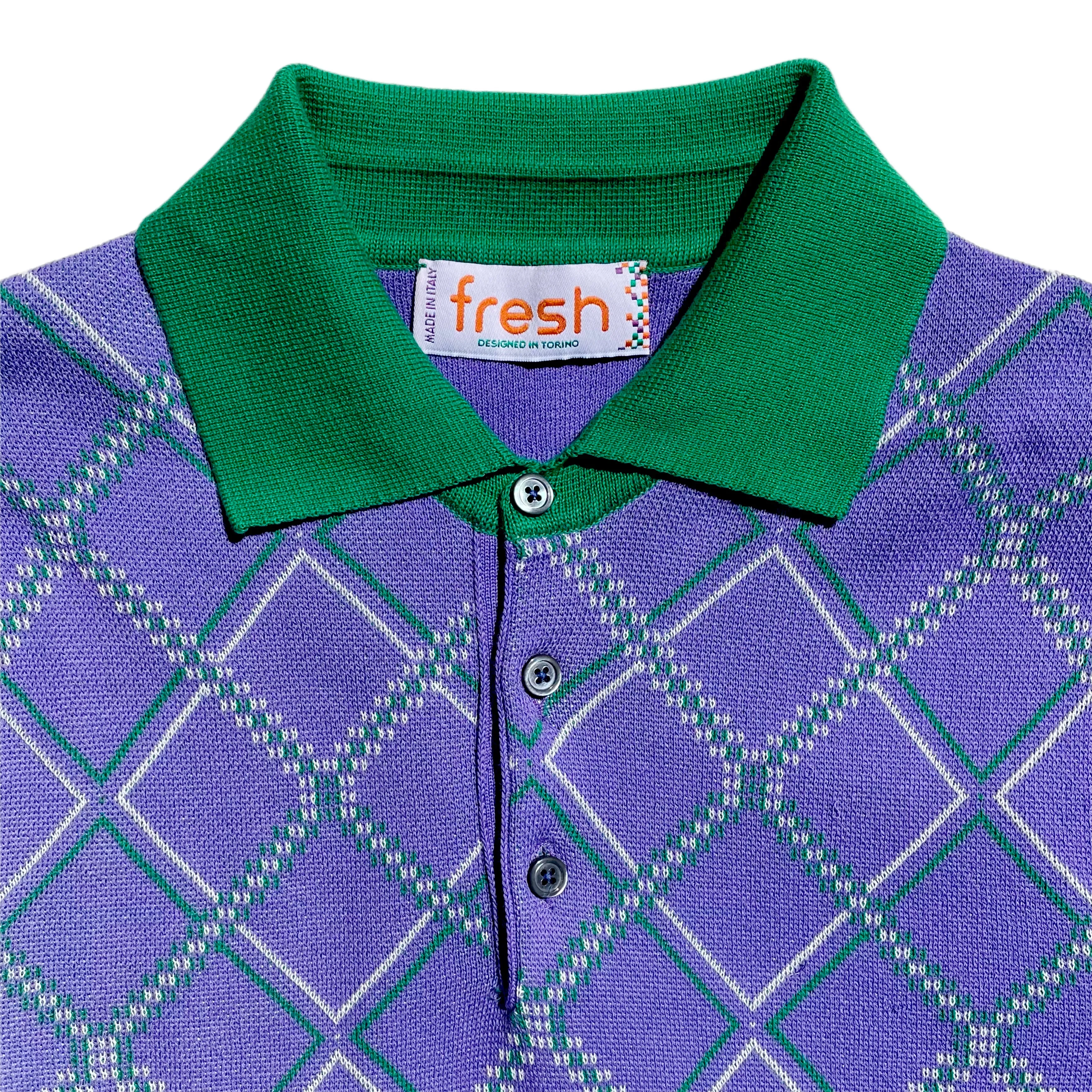 FRESH Argyle Extra Fine Crepe Cotton Knitted Polo in Purple