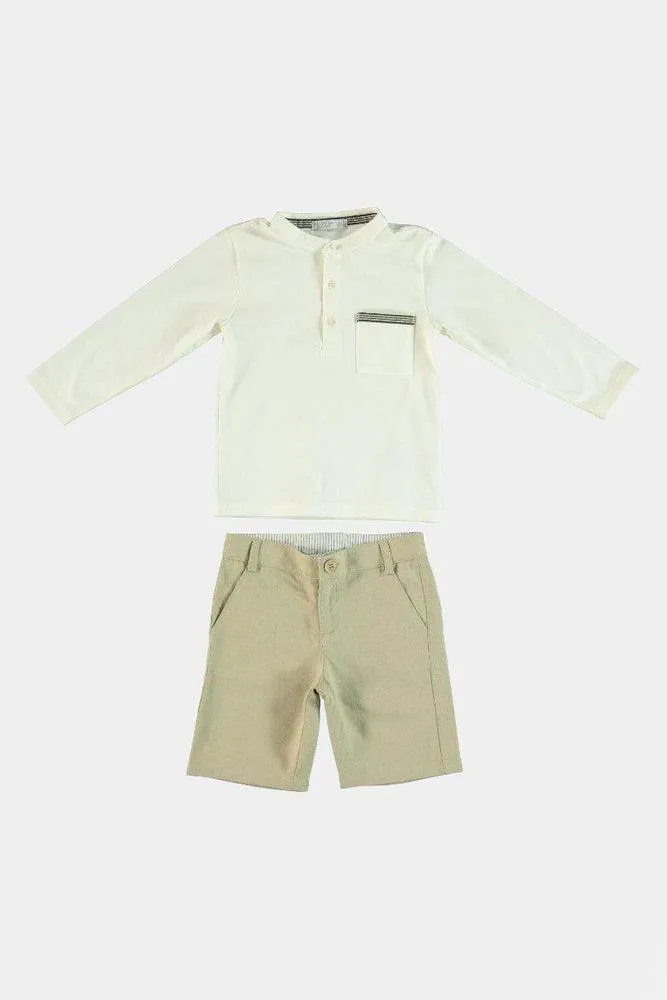 Grandad Collar Beige Baby Boy Shorts Set