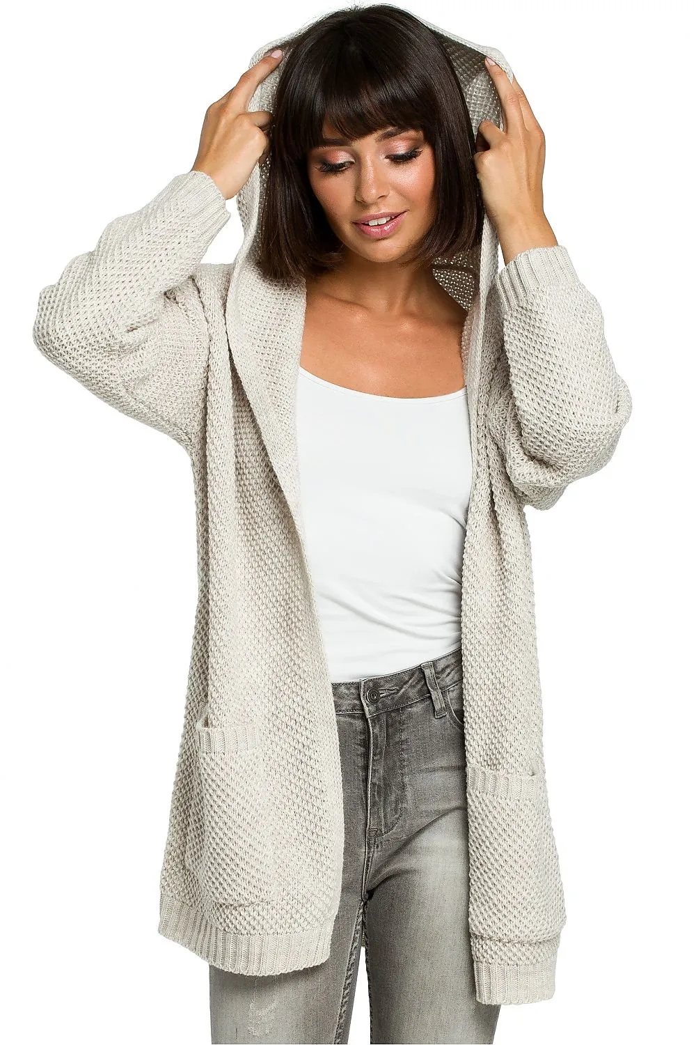 Hooded Cardigan with Pockets in Light Grey