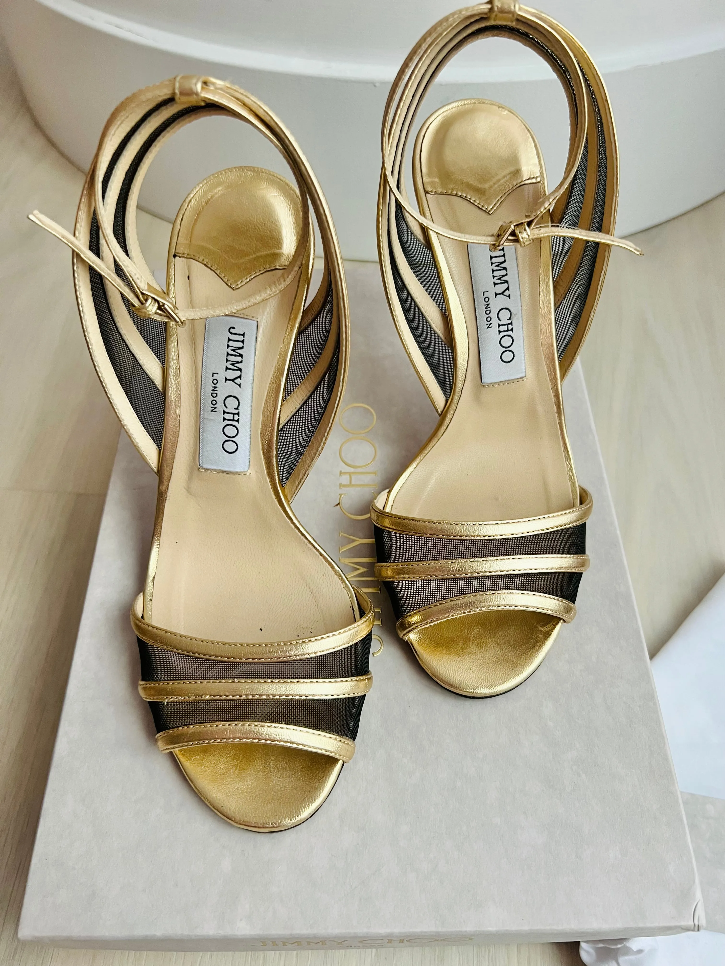 Jimmy Choo Gold Black Mesh Heels