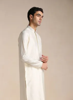 Manyawar Pearl White Embroidered Neck Kurta Set