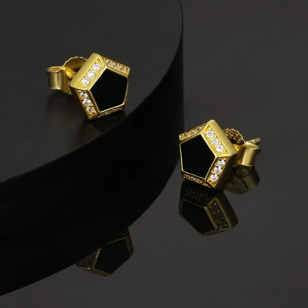 Pentagon Black Diamond Stud Earrings for Men KRKC