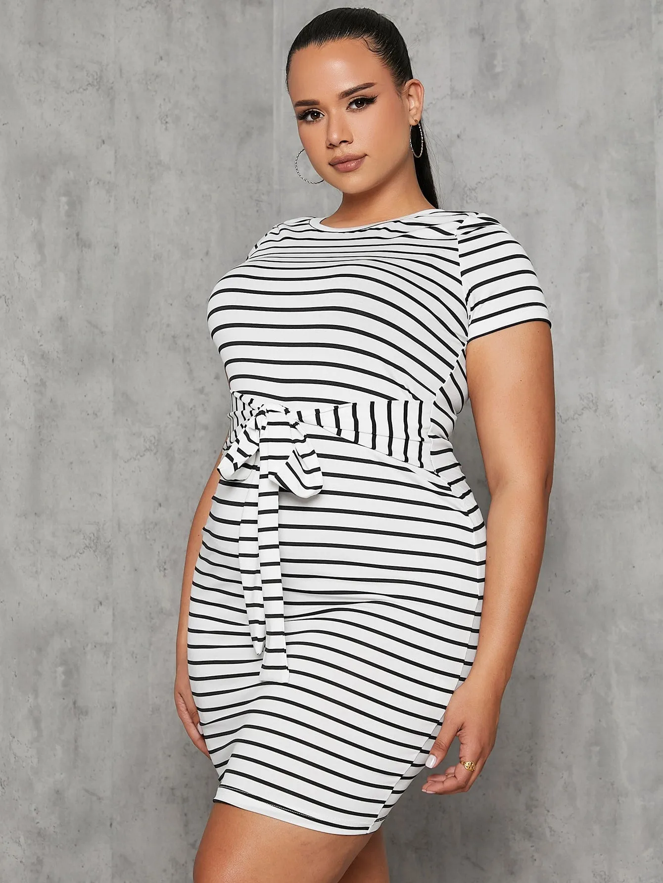 Plus Tie Waist Striped Dress