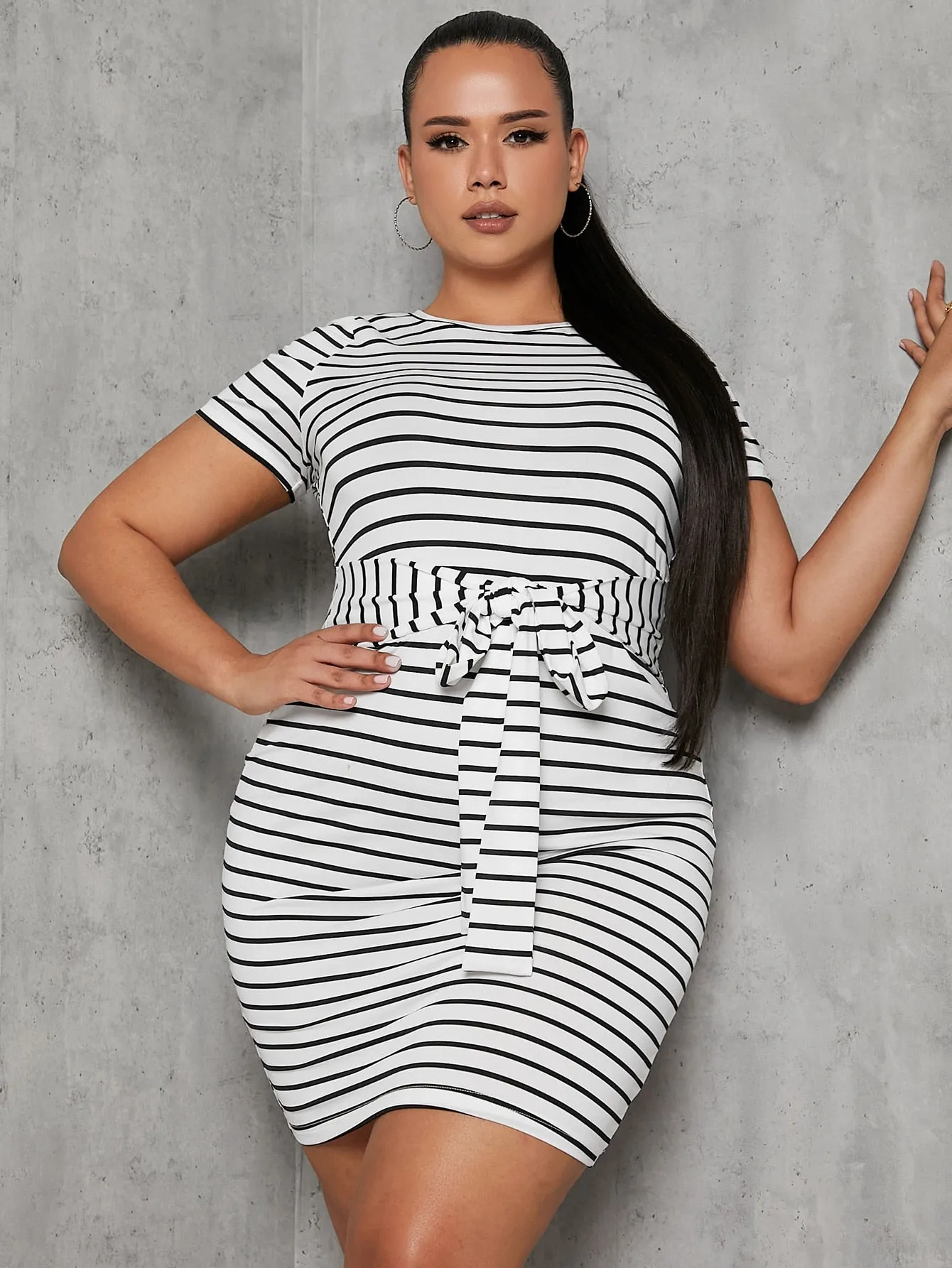 Plus Tie Waist Striped Dress