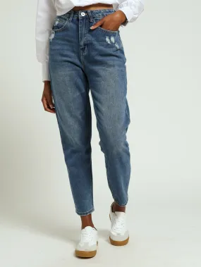 Rivet Panel Mom Jeans - Dark Stonewash