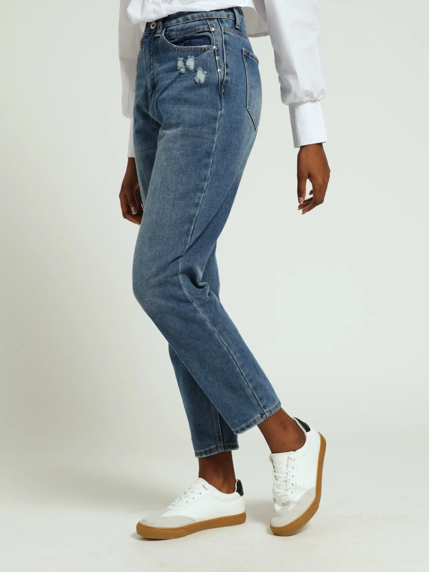 Rivet Panel Mom Jeans - Dark Stonewash