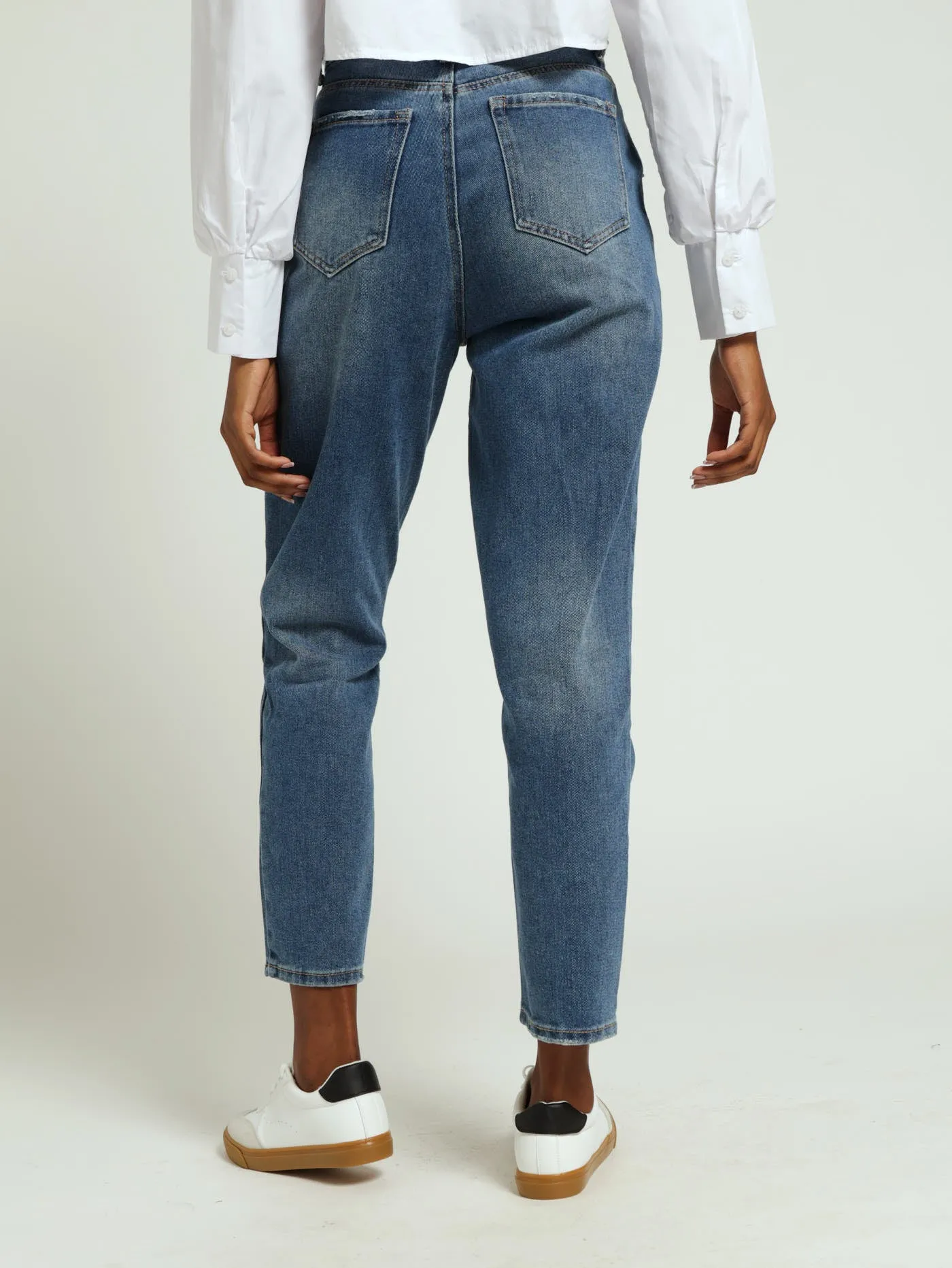 Rivet Panel Mom Jeans - Dark Stonewash