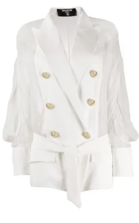 Sheer Panel Double-Breasted Silk Blazer