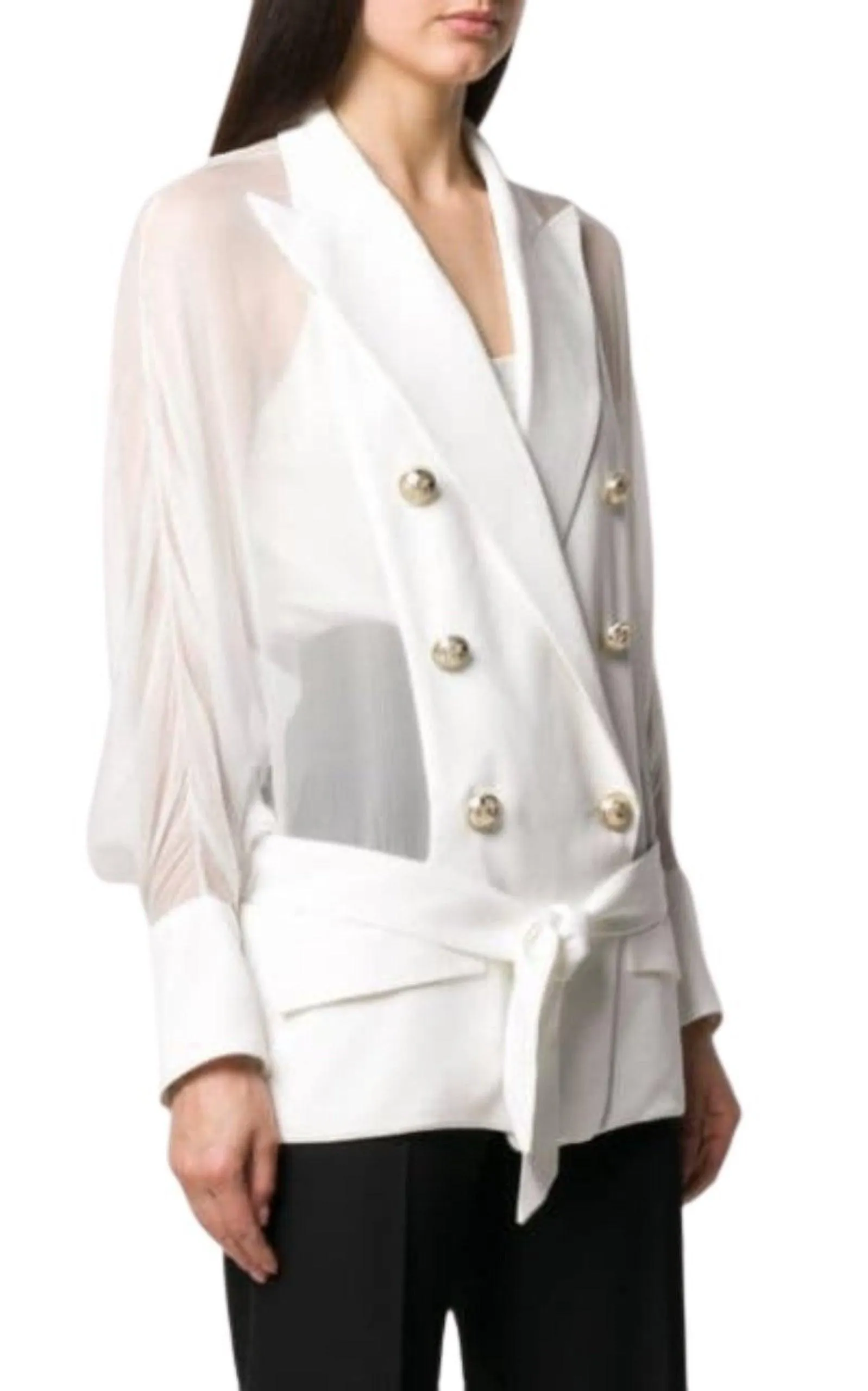 Sheer Panel Double-Breasted Silk Blazer