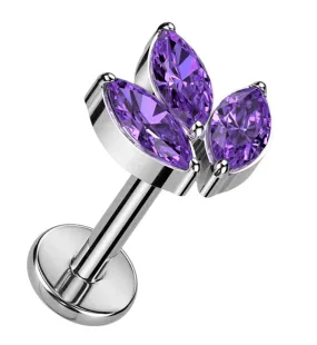 Tri Sepal Purple CZ Titanium Internally Threaded Labret