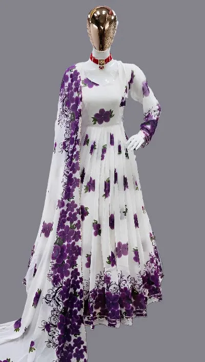 White & Purple Georgette Mother Daughter Combo Gown & Dupatta Set