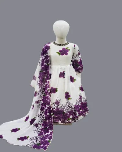 White & Purple Georgette Mother Daughter Combo Gown & Dupatta Set